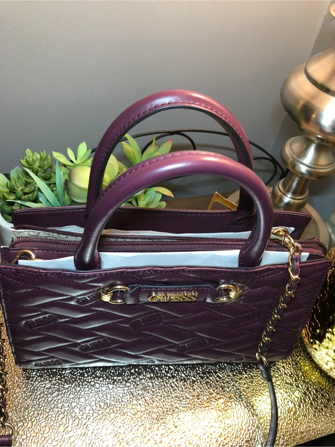 GUESS Purple Quilted Satchel Bag image indicator(6)