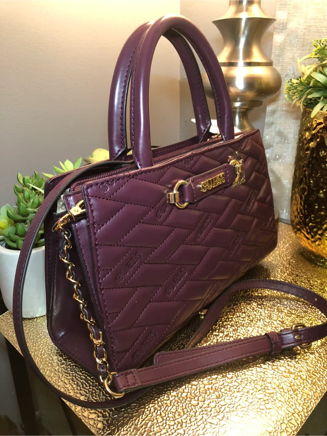 GUESS Purple Quilted Satchel Bag image indicator(5)