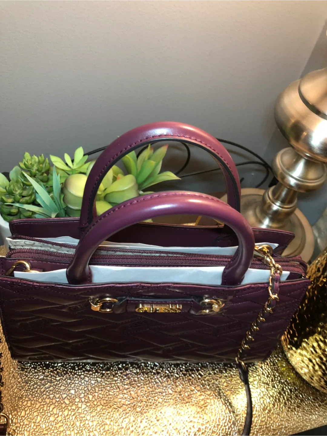 GUESS Purple Quilted Satchel Bag image indicator(3)