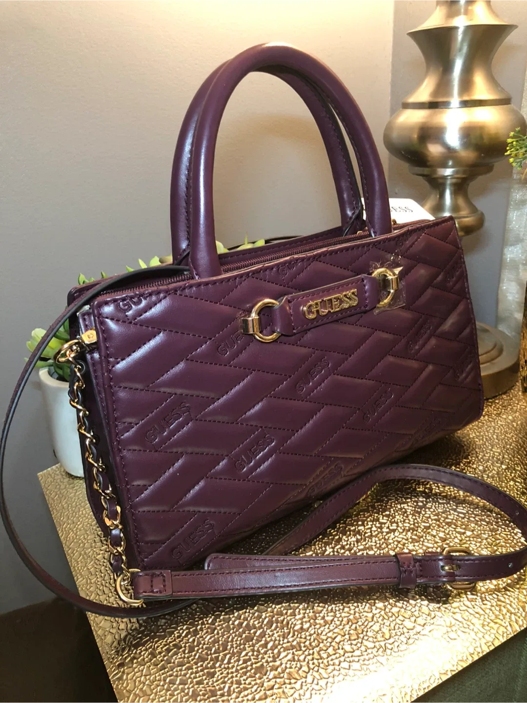 GUESS Purple Quilted Satchel Bag image indicator(2)