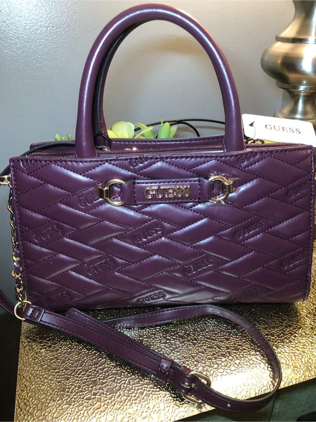 GUESS Purple Quilted Satchel Bag