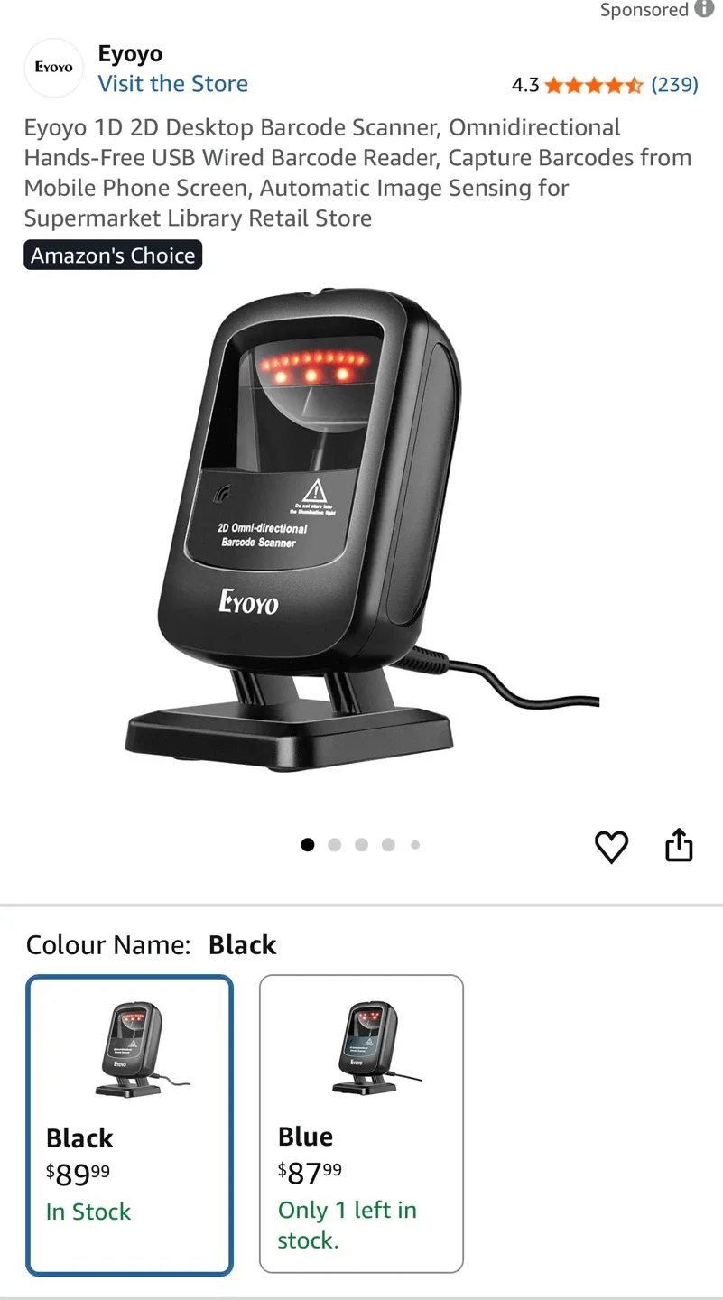 Eyoyo 1D 2D Desktop Barcode Scanner - Black