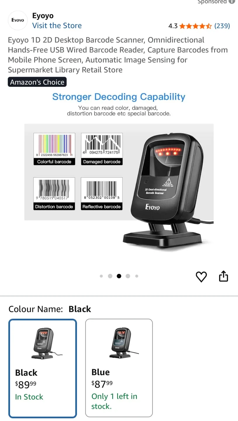Eyoyo 1D 2D Desktop Barcode Scanner - Black image indicator(3)