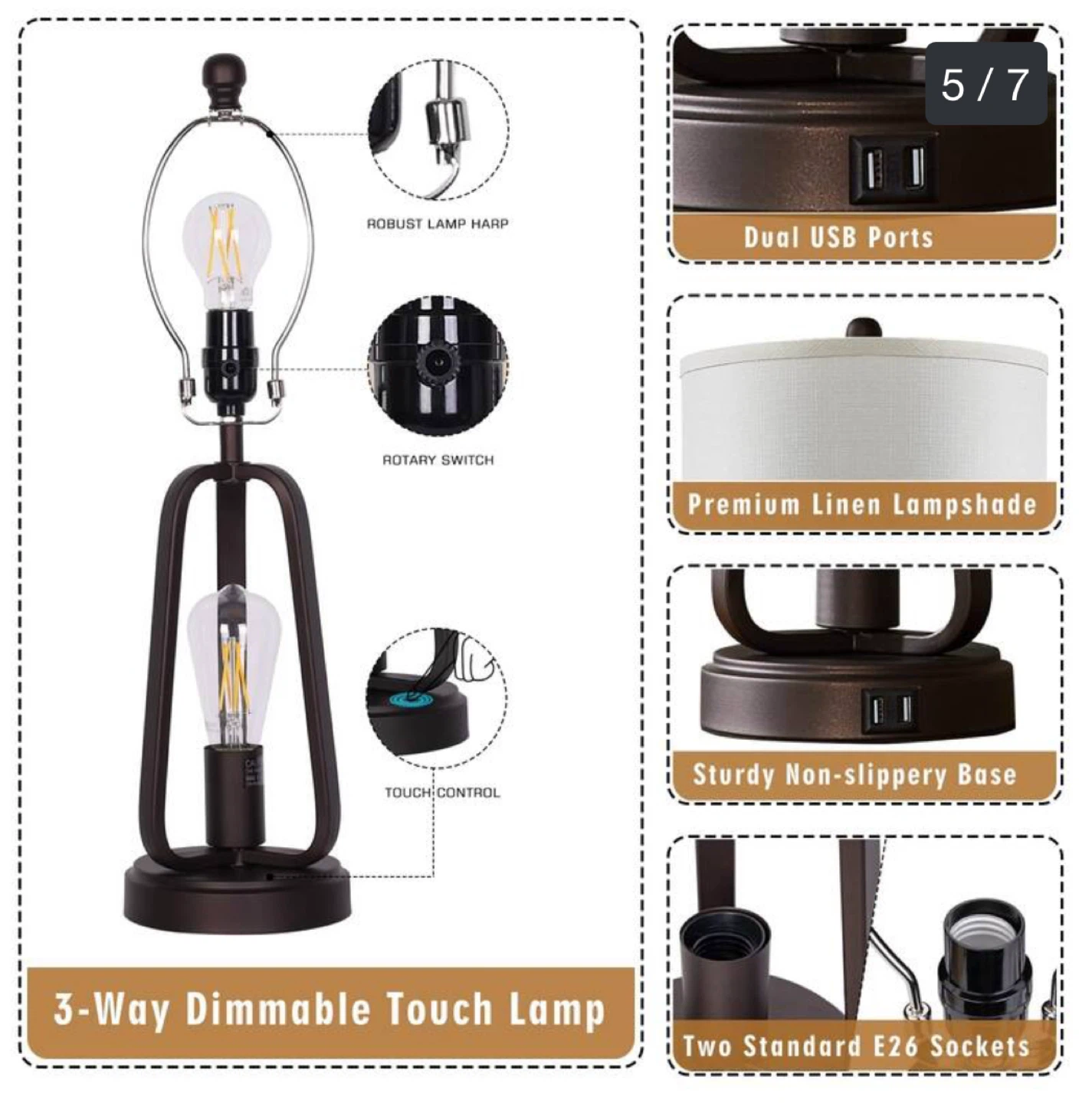 3-Way Dimmable Touch Table Lamp with USB Ports - photo 5