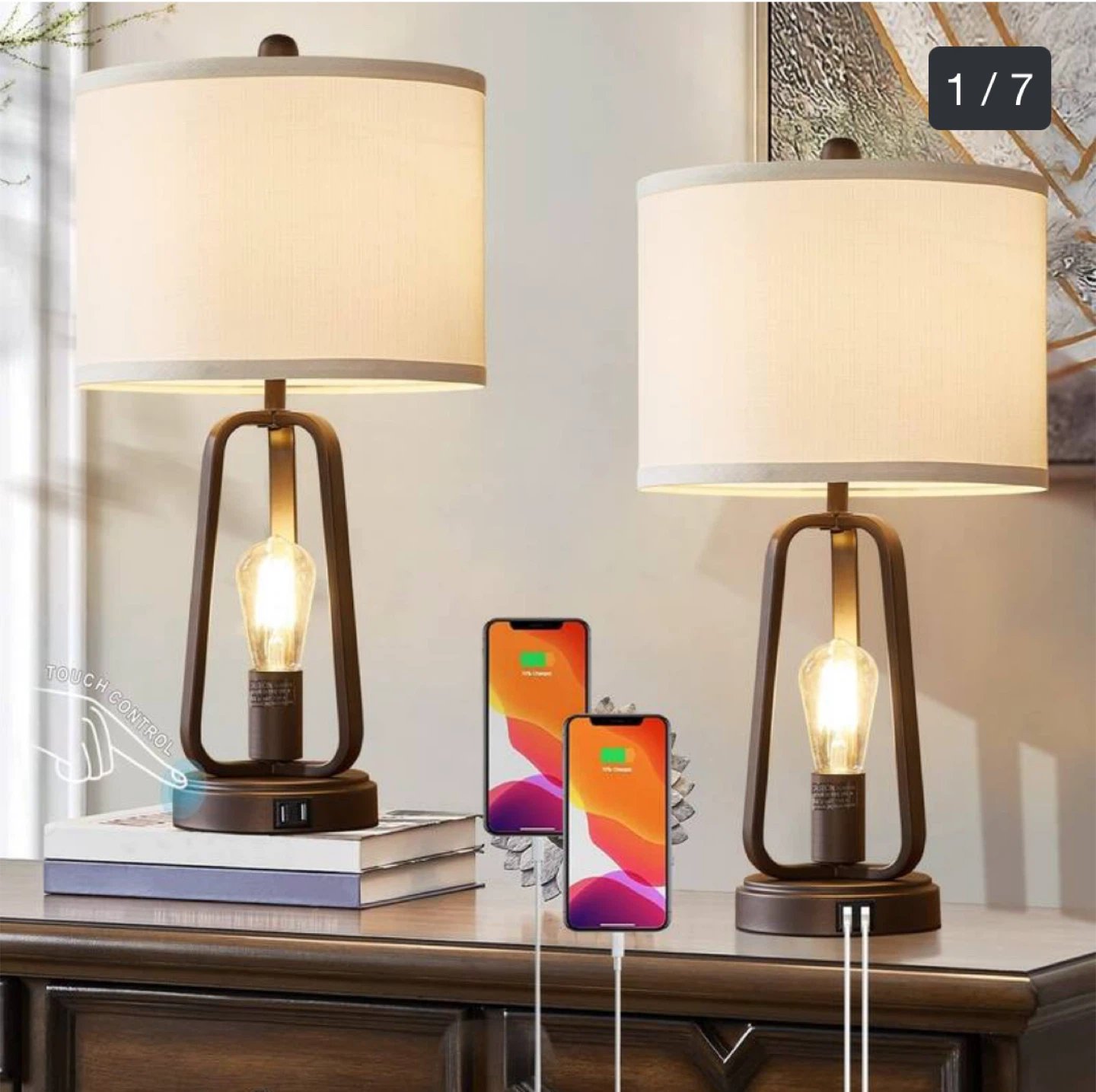 3-Way Dimmable Touch Table Lamp with USB Ports