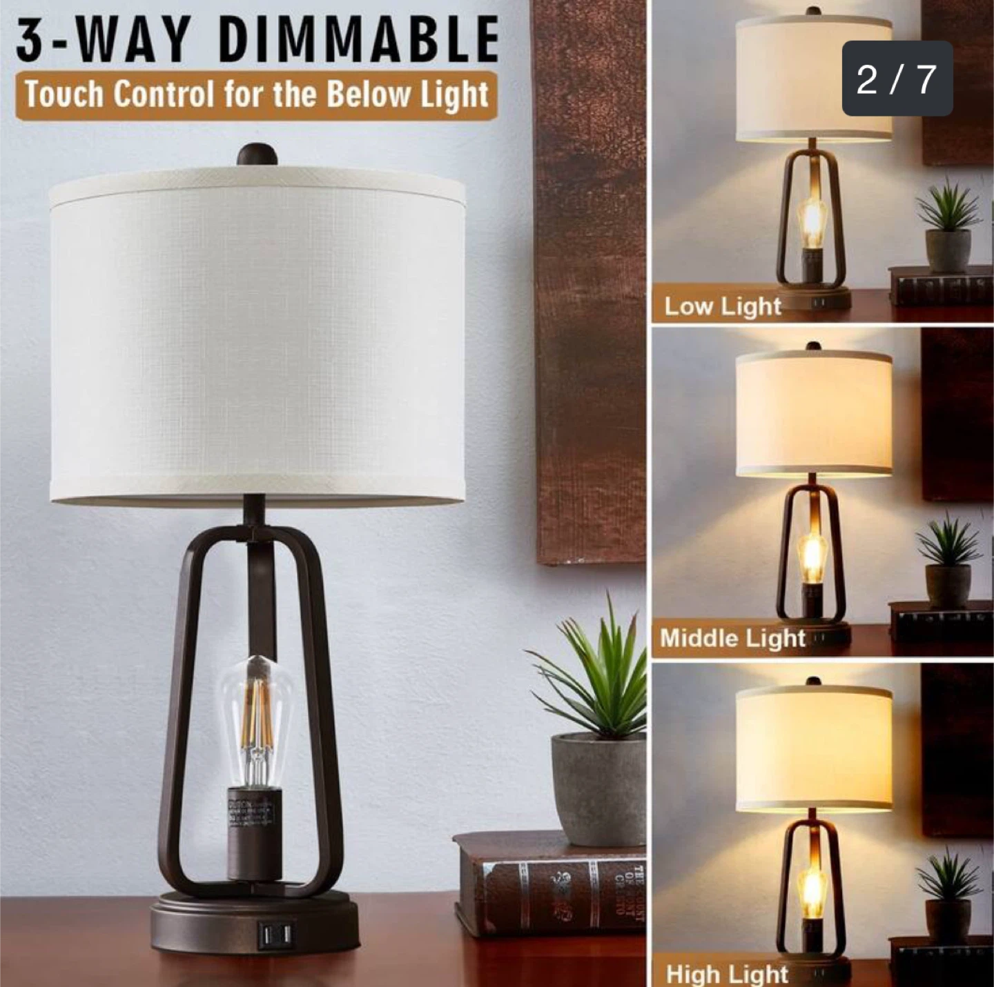 3-Way Dimmable Touch Table Lamp with USB Ports - photo 2