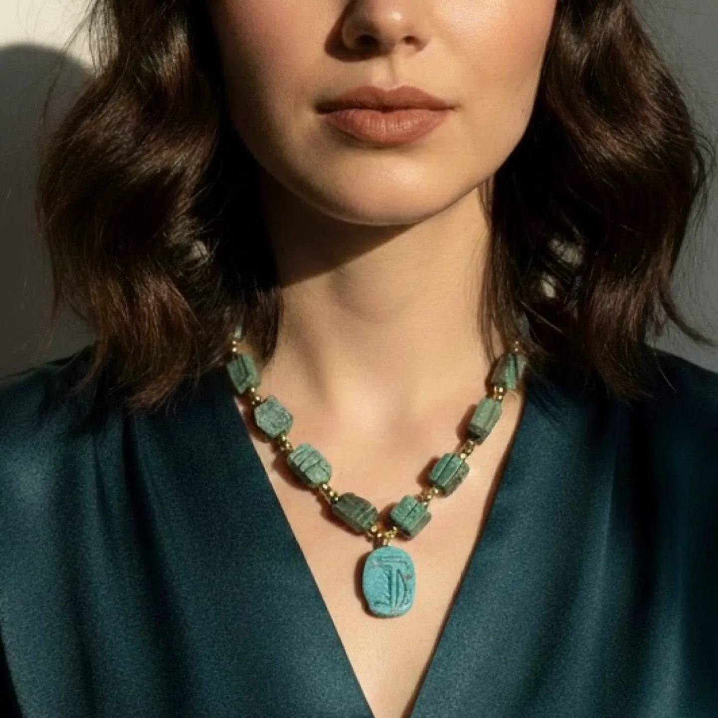 Vintage Turquoise Beaded Necklace Scarab Pendant 25 Inch