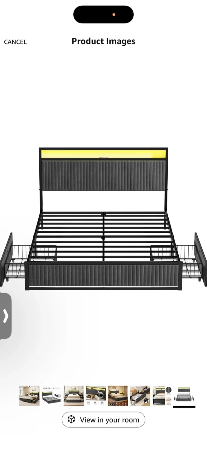 Queen Size Bed Frame with LED Light, Dark Grey