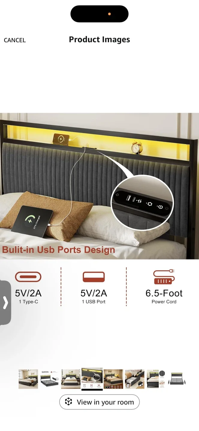 Queen Size Bed Frame with LED Light, Dark Grey image indicator(4)