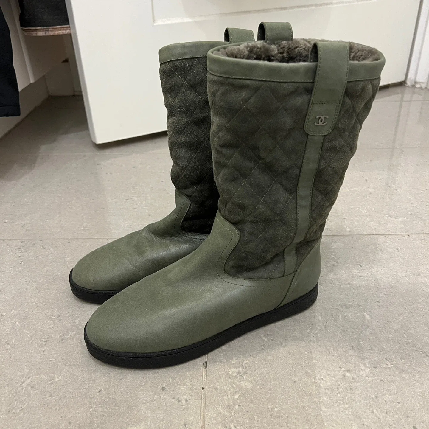 Olive Green Chanel Suede Shearling Winter Boots Size 8