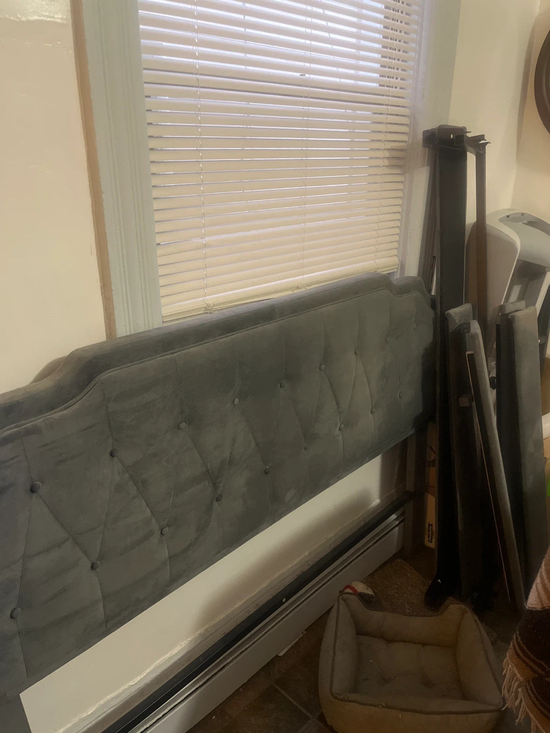 Gray Tufted Headboard and Queen Bedframe