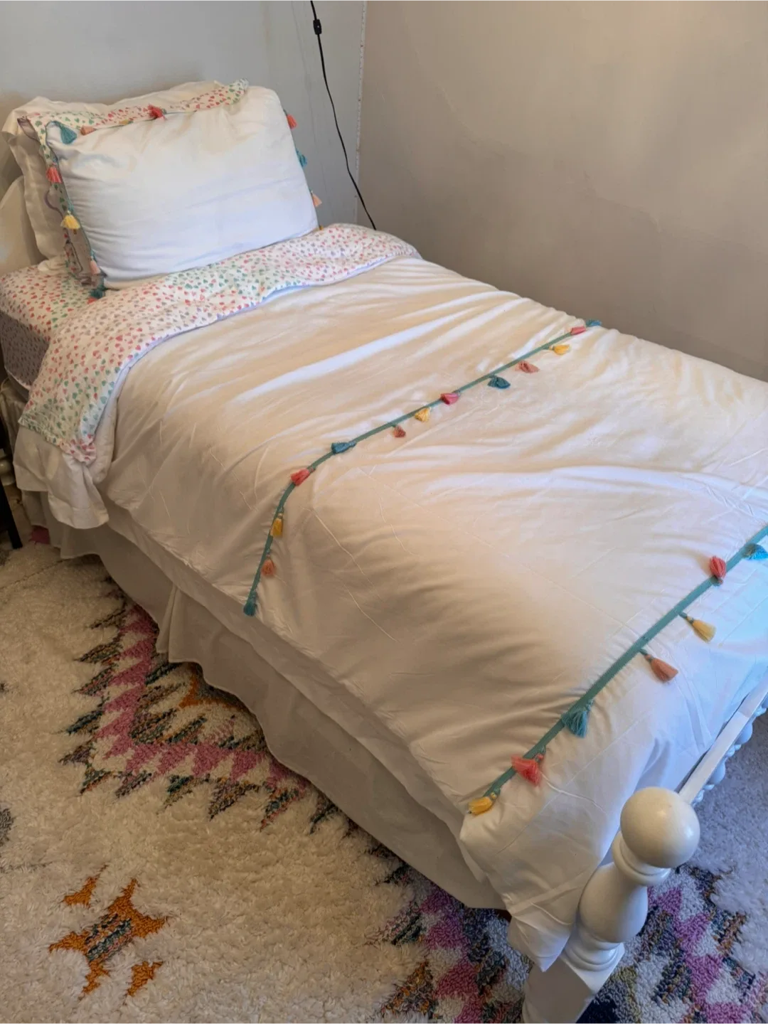 White Twin Bedding Set with Tassels
