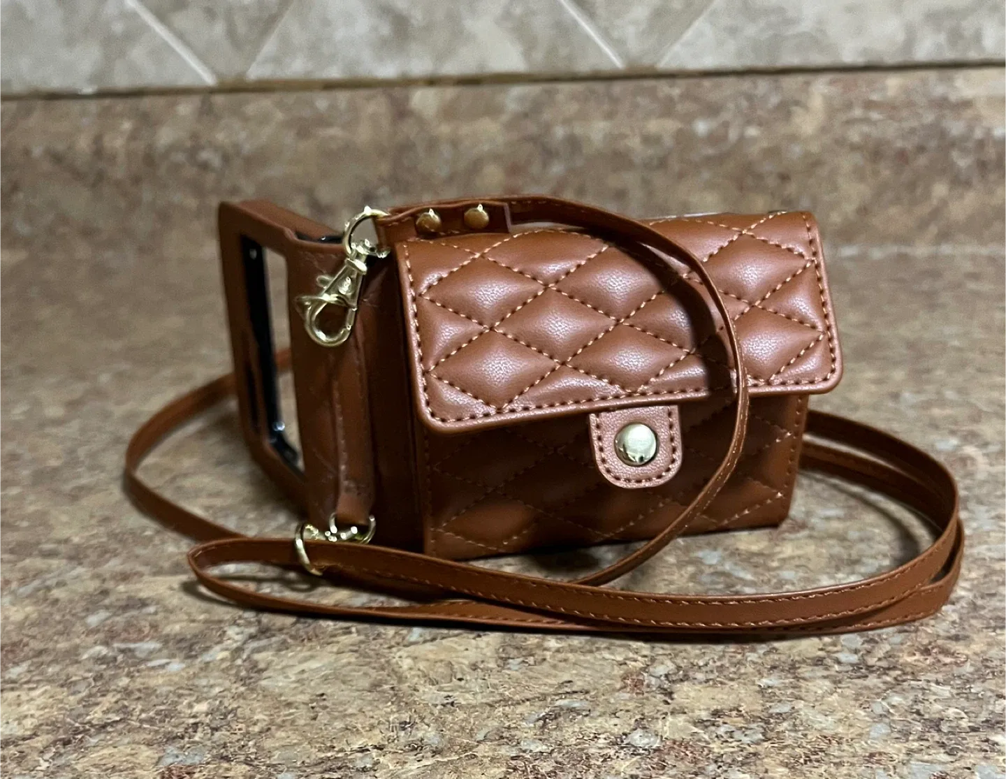 Brown Quilted Phone Case Wallet with Strap