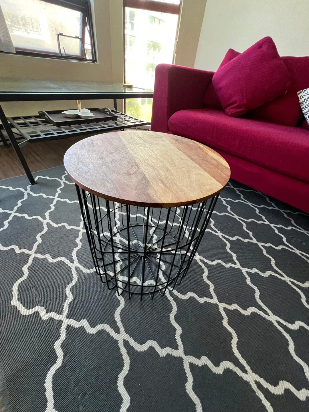 Round wood top and black metal side table image indicator(3)