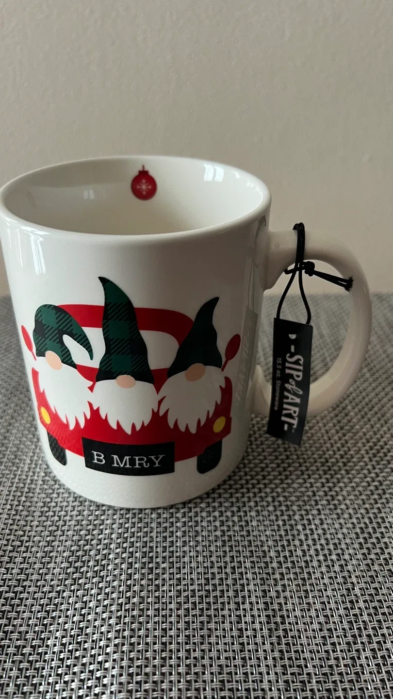 White 15.5 oz Gnomes Stoneware Mug  #cleanout