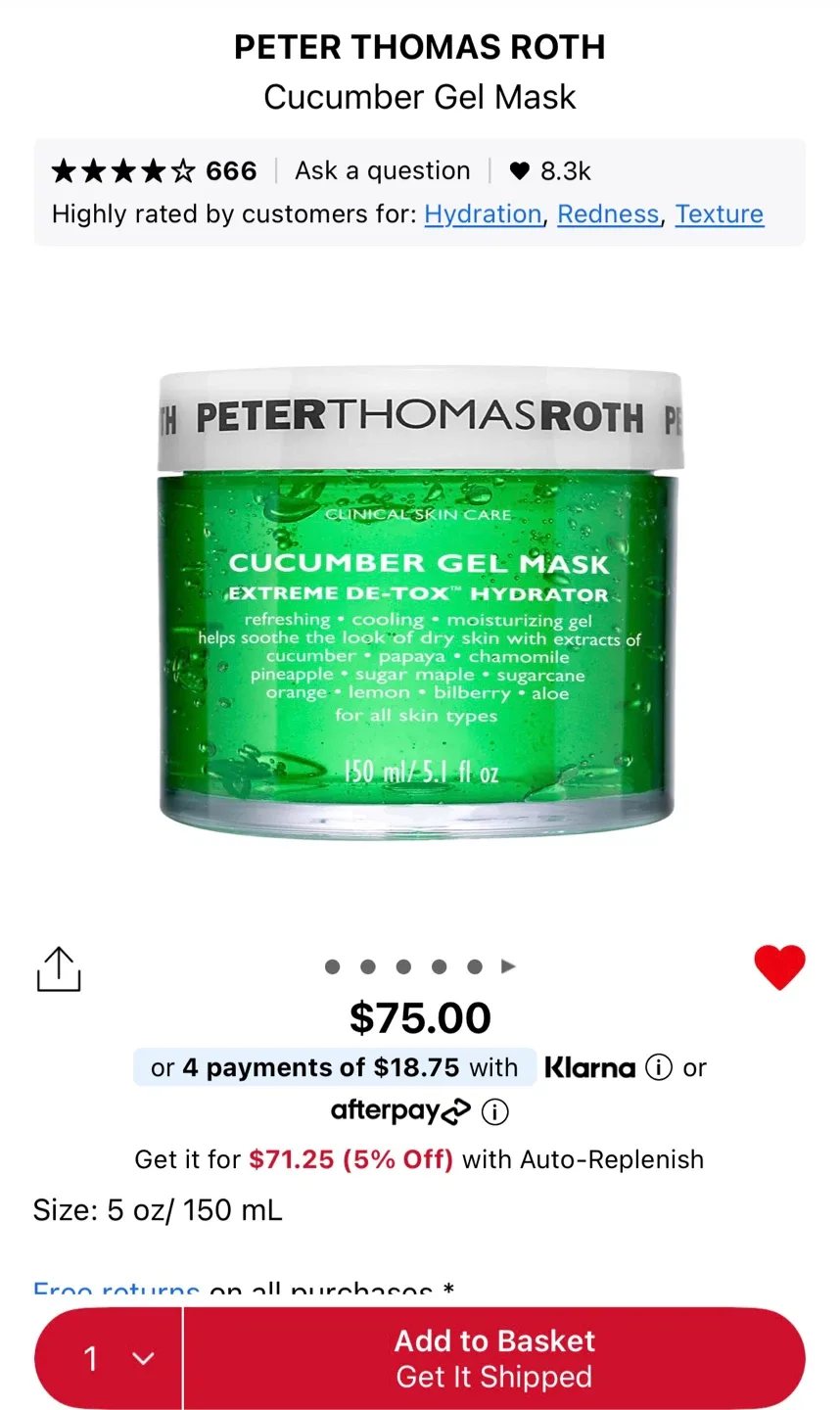 Peter Thomas Roth Cucumber Gel Mas- 150ml $50