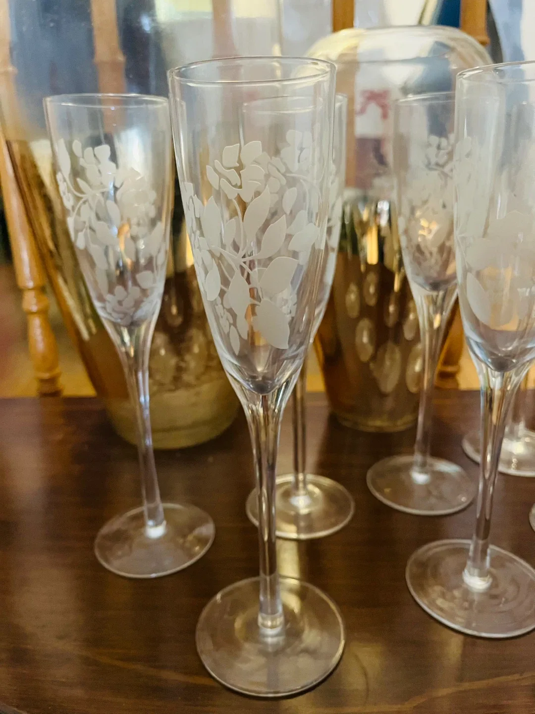 Etched Floral Champagne Flutes (Set of 6 plus one) image indicator(6)