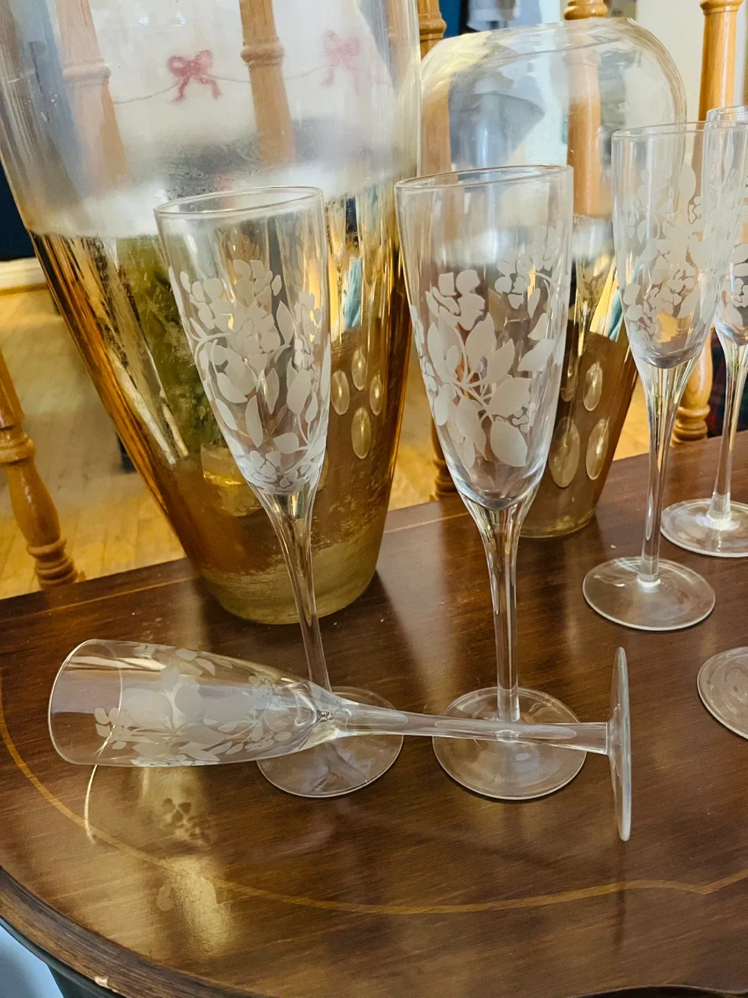 Etched Floral Champagne Flutes (Set of 6 plus one) image indicator(7)
