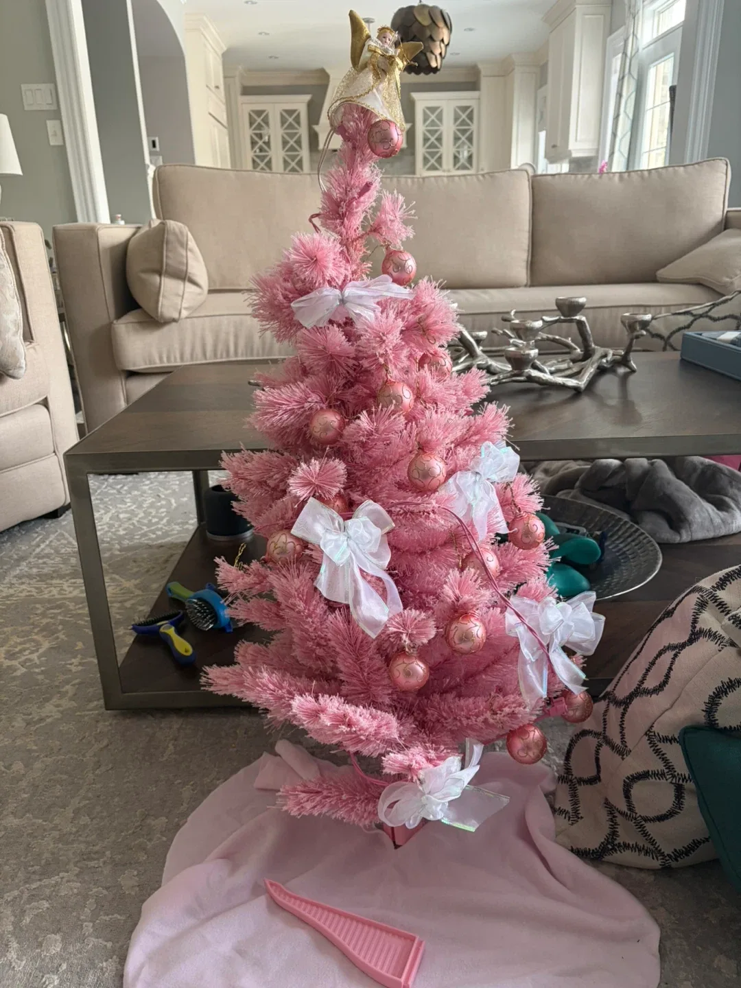 Pink and White Christmas Trees with Ornaments