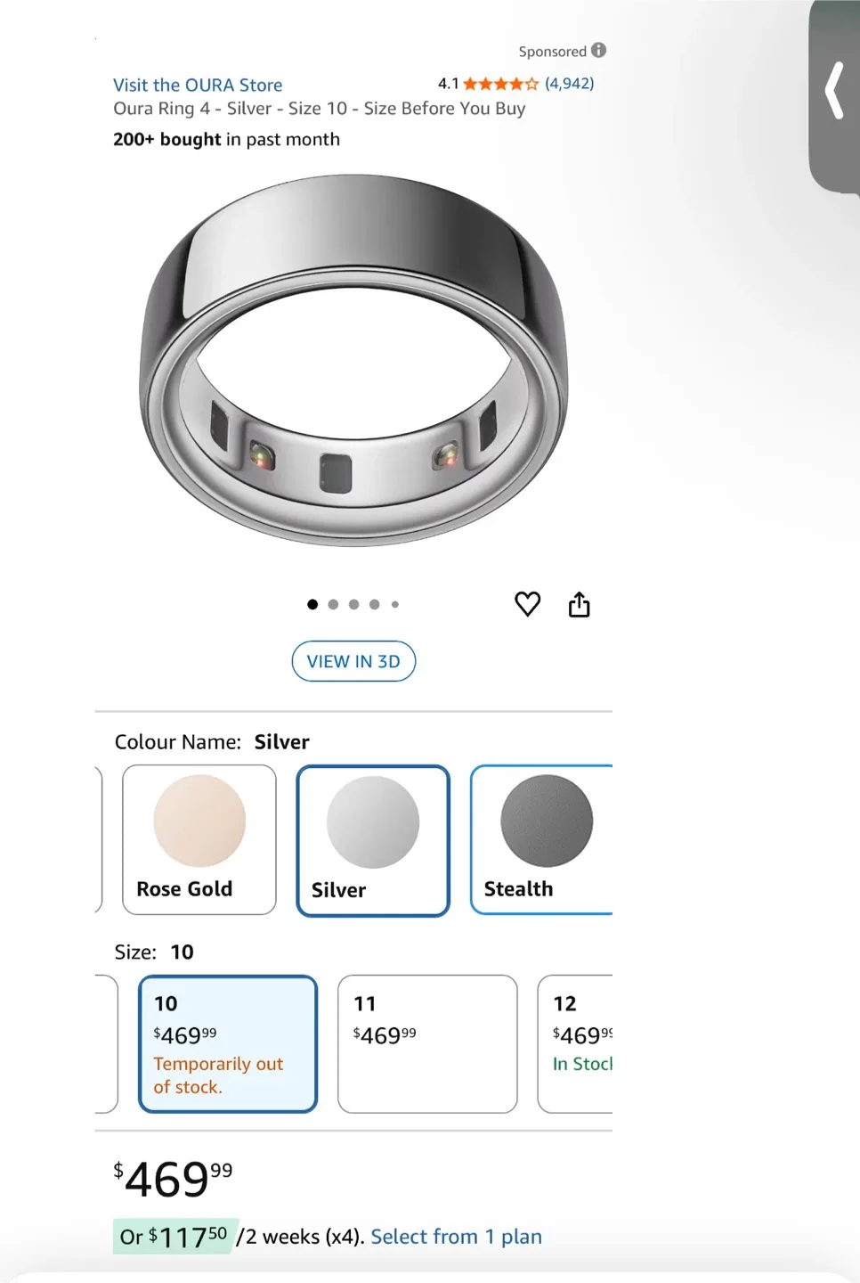 Oura Ring 4 - Silver - Size 10