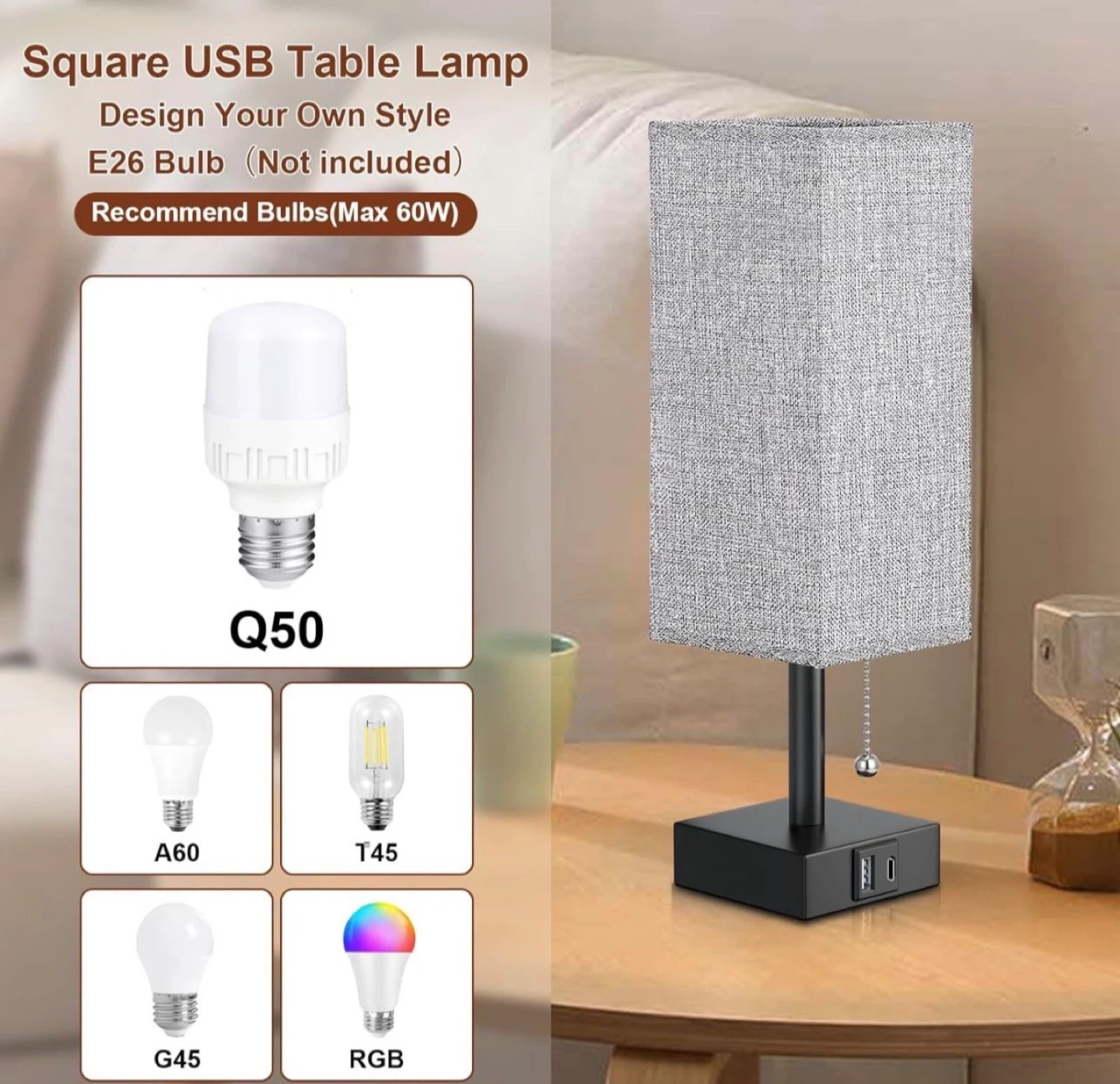 Square USB Table Lamp with Soft Fabric Shade - photo 5