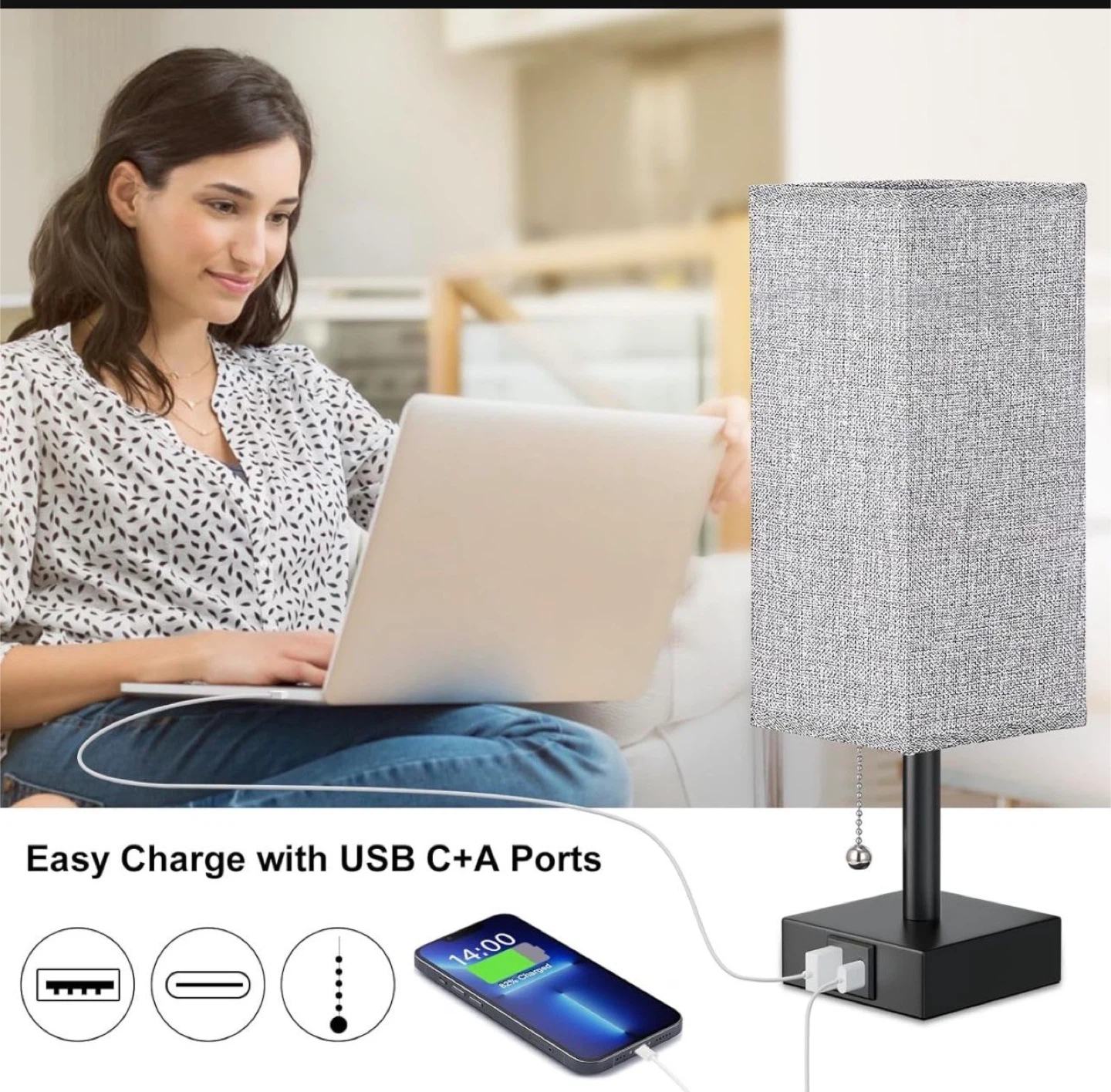 Square USB Table Lamp with Soft Fabric Shade - photo 3