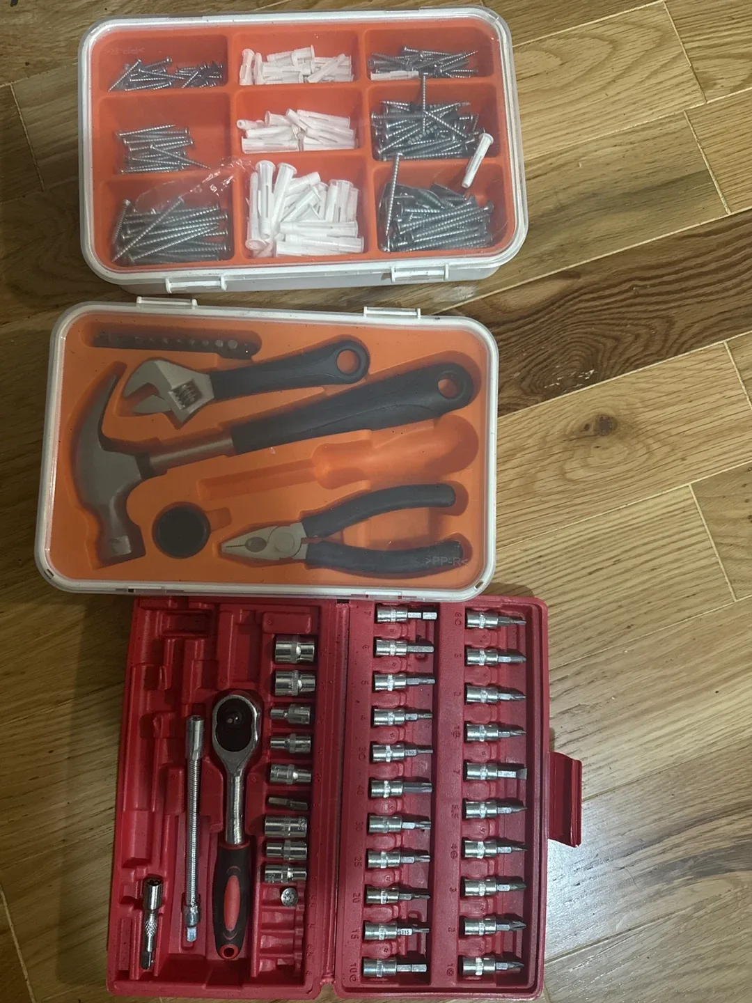 Tool Set with Screws, Hammer, Pliers, and Sockets