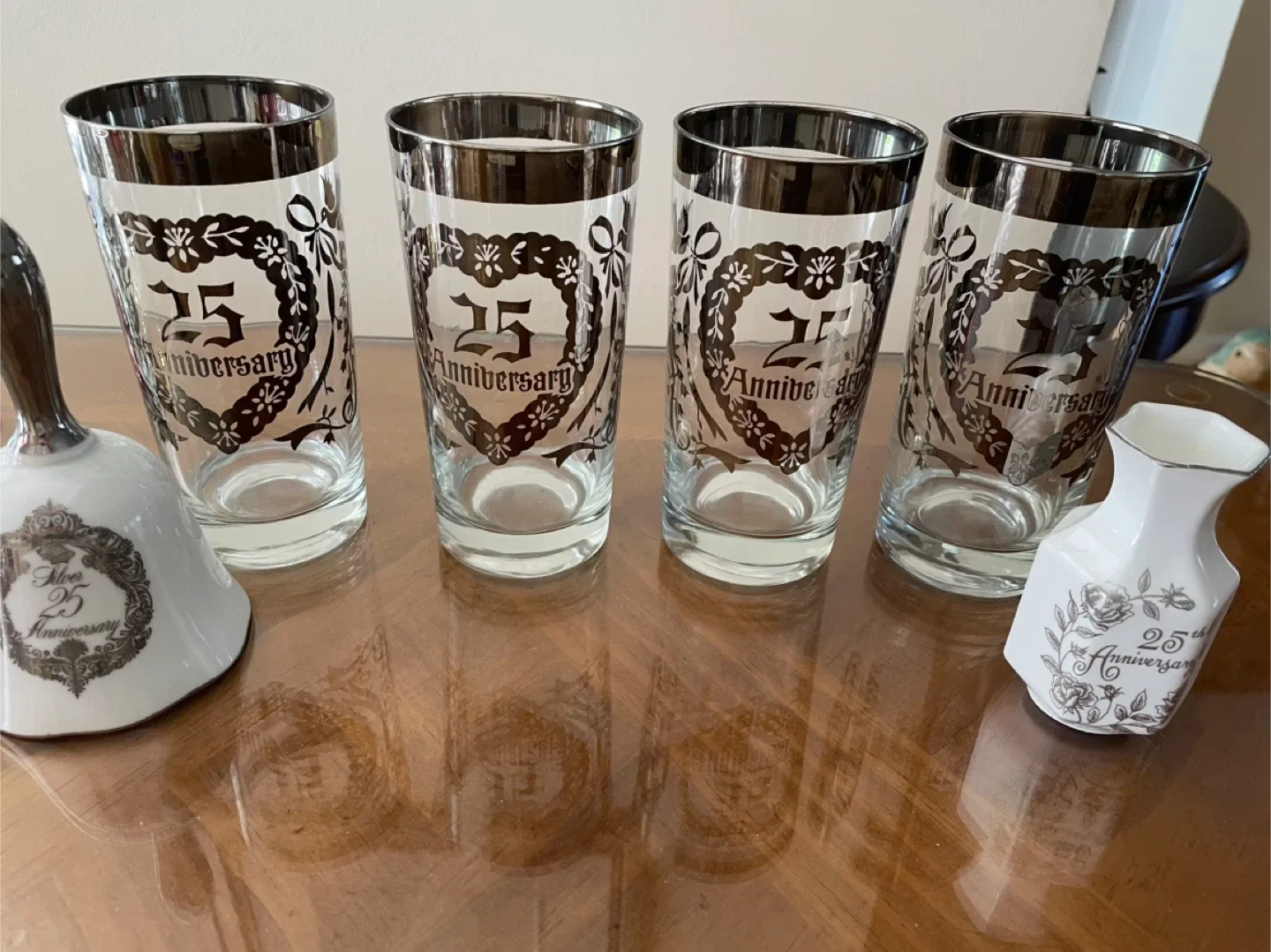 #cleanout  Vtg Silver 25th Anniversary Glasses, mini vase & Bell