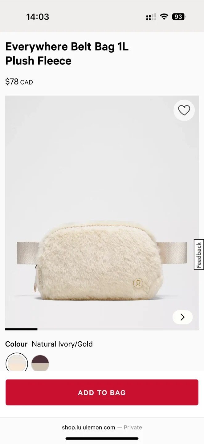 New Lululemon Everywhere Belt Bag Fleece Natural Ivory/Gold