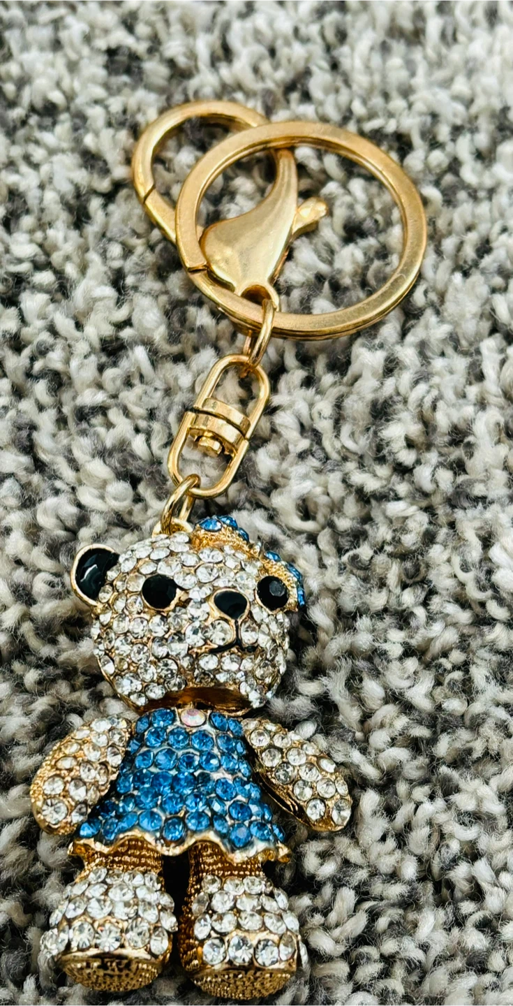 Teddy Bear Rhinestone Keychain - Blue & Gold