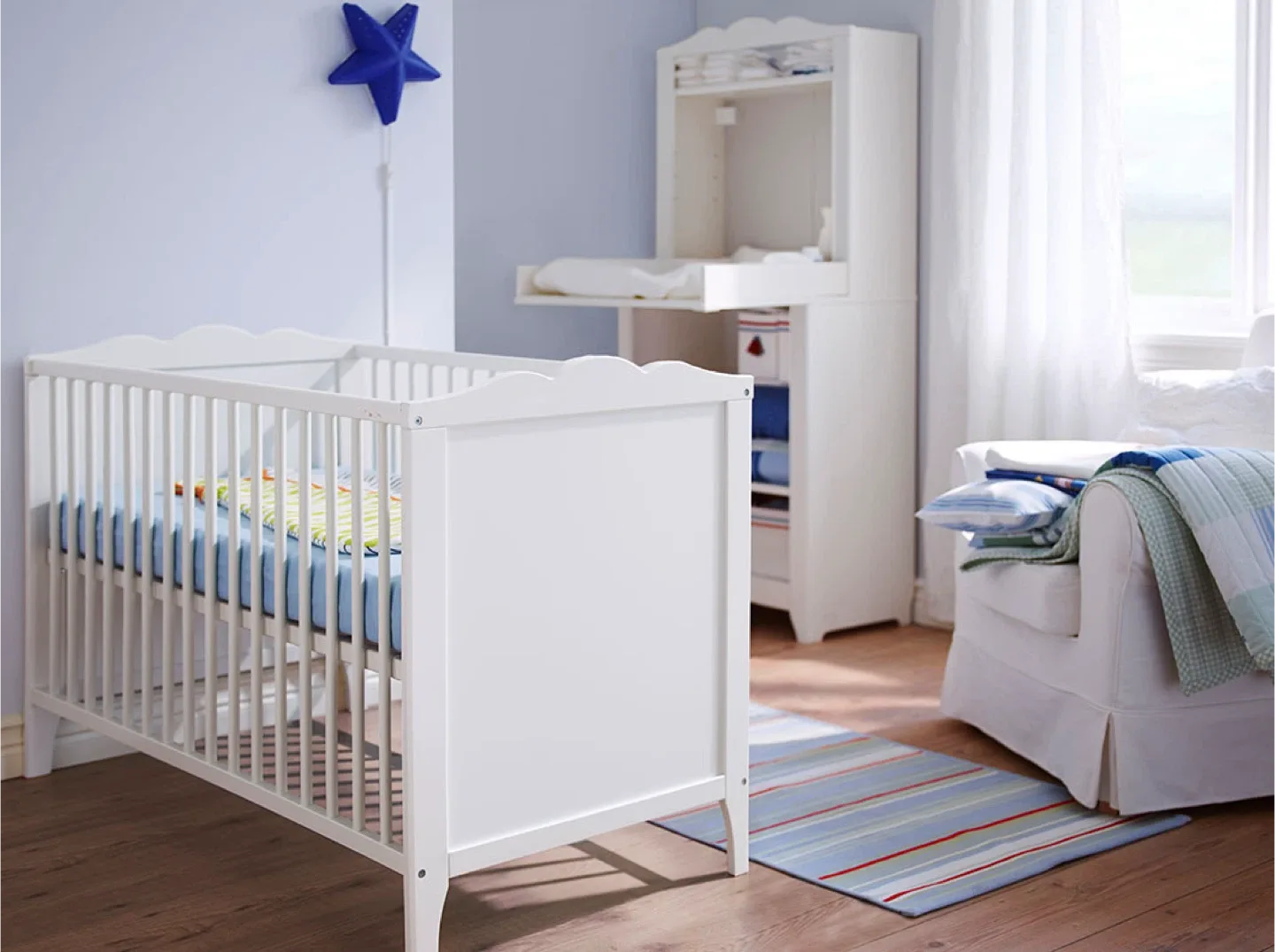 White Baby Wardrobe, Shelf, and Crib