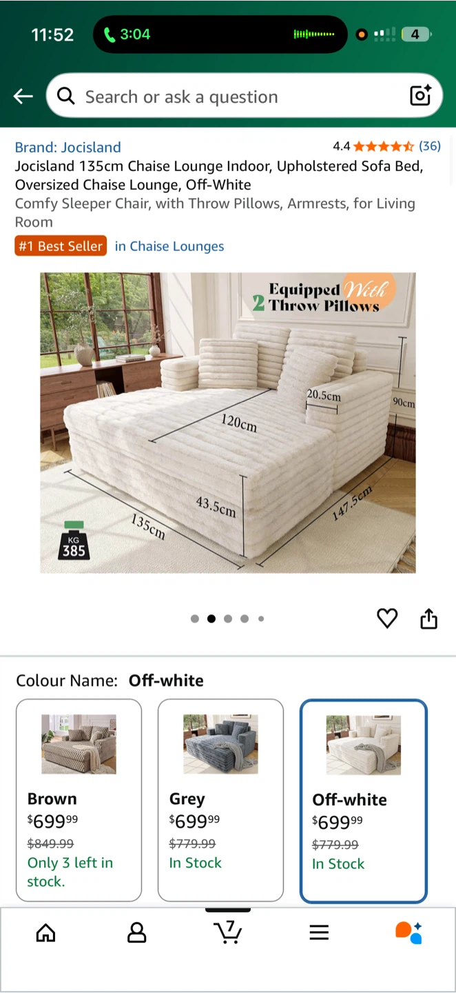 Jocisland 135cm Chaise Lounge, Off-White - photo 3