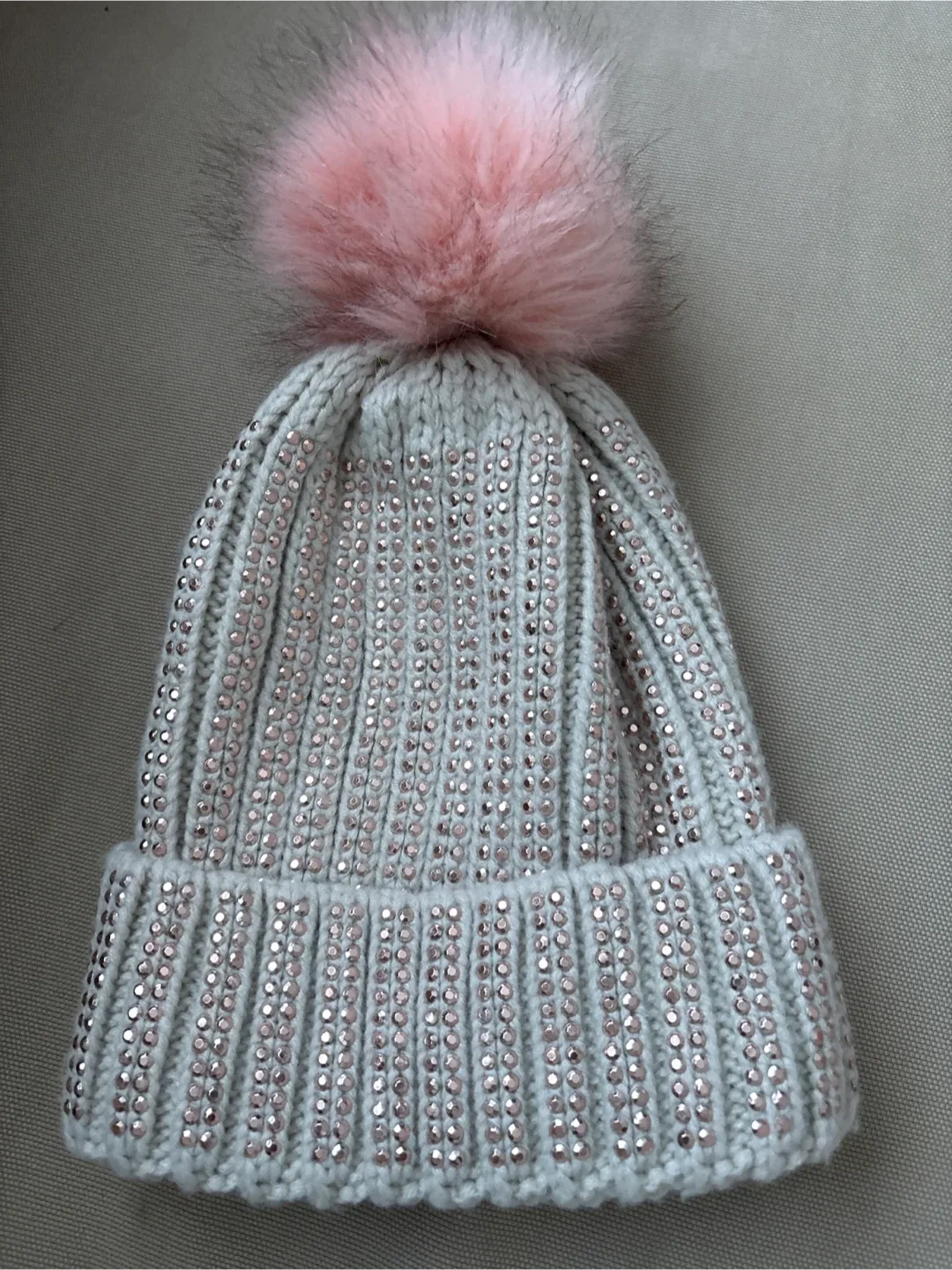 #cleanout Grey Knit Beanie with Pink Pom