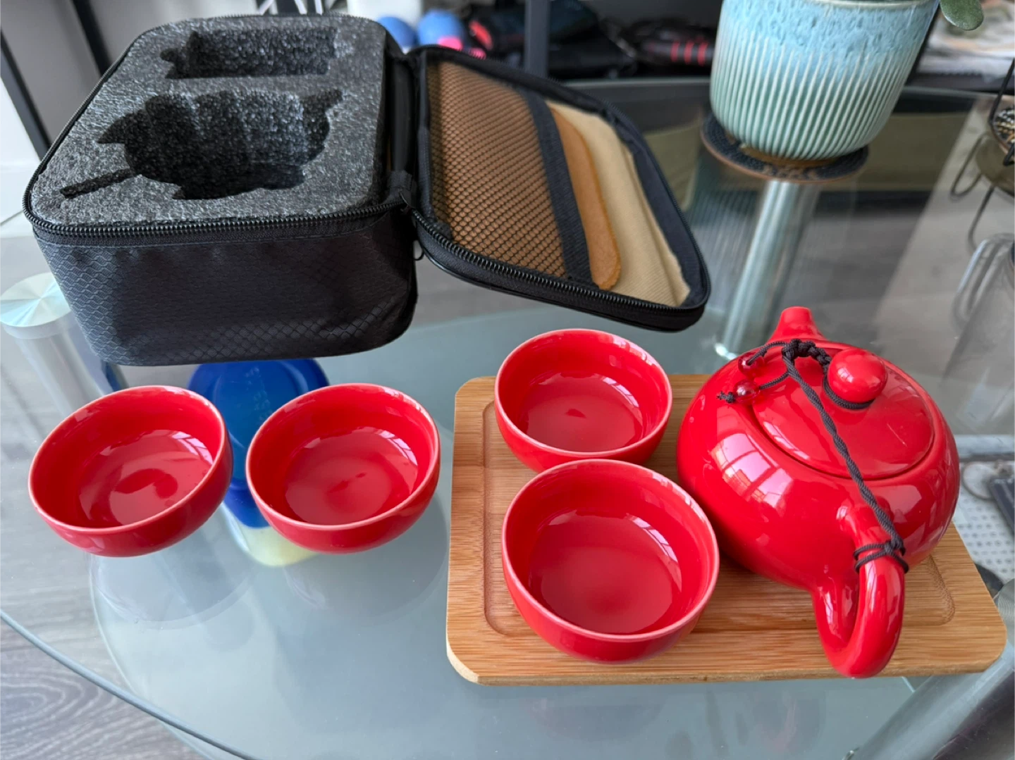 Red Ceramic Tea Set with Case