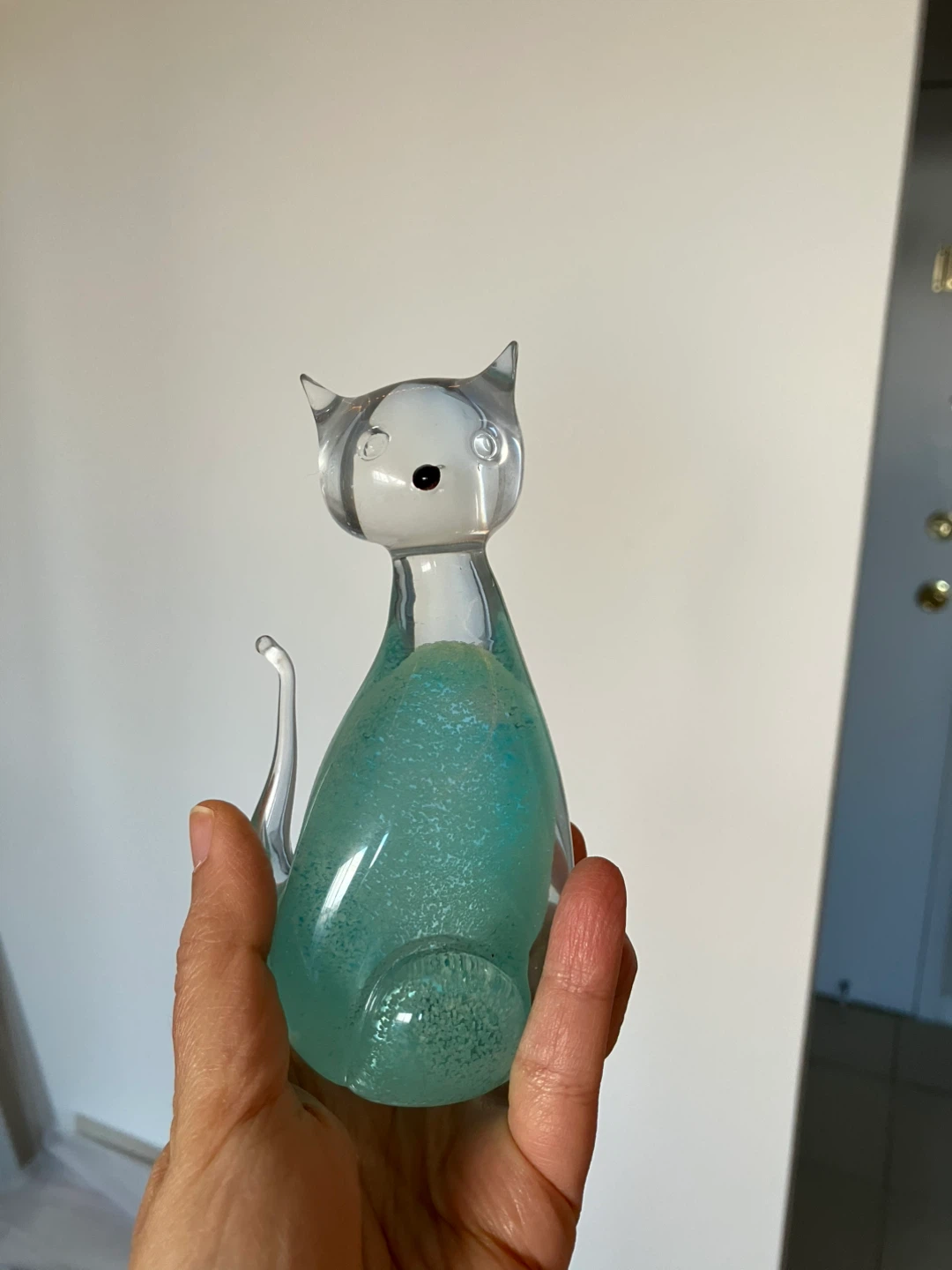 Cute glow in the dark Teal Glass Cat Figurine