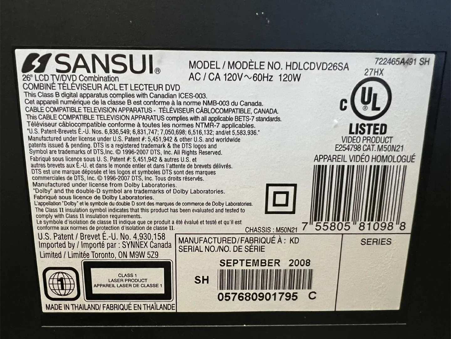 Sansui HDLCDVD26SA 26" LCD TV/DVD Combo