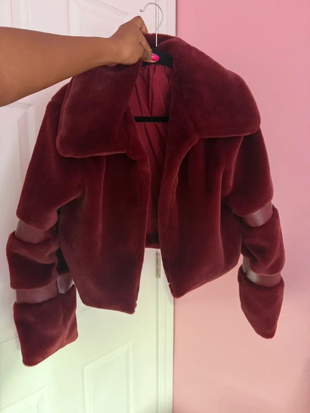 Burgundy Faux Fur Cropped Jacket