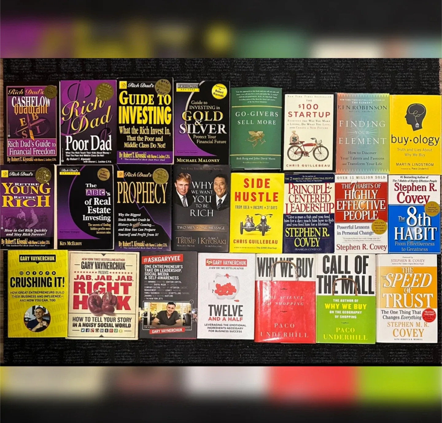 Books: Robert Kiyosaki, GaryVee, 7 habits, and the 8th habit,…
