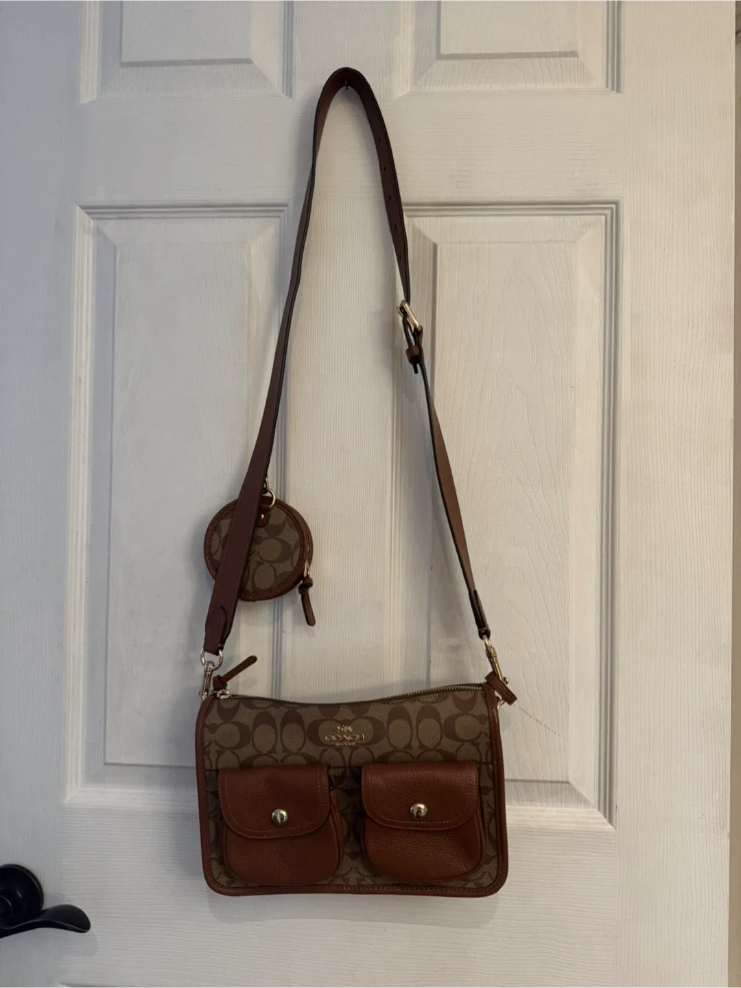 Coach Brown Signature Canvas Shoulder Bag with Coin Pouch