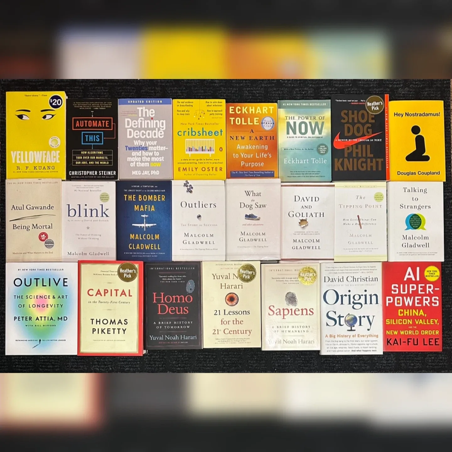 Books: 7 Malcom Gladwell, Power of Now, Shoe Dog, Sapiens