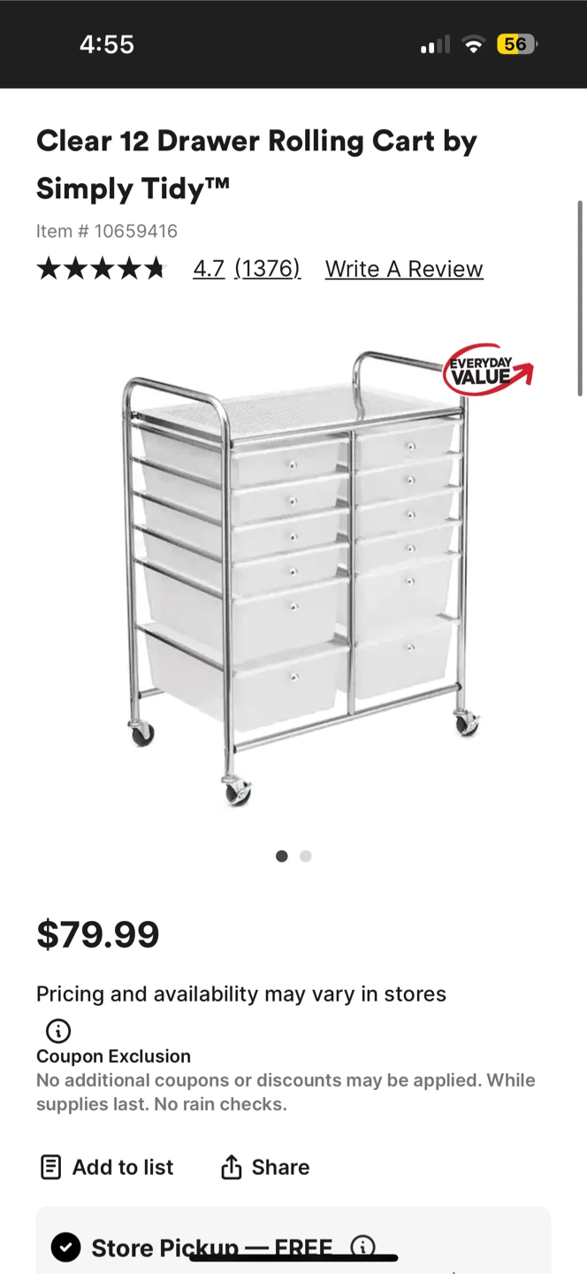 Simply Tidy Clear 12 Drawer Rolling Cart