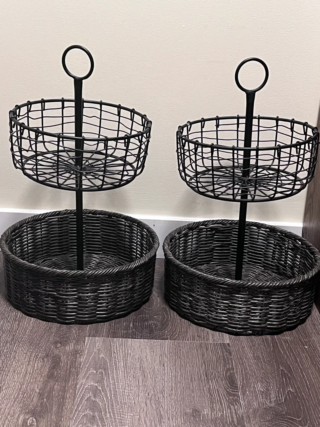 Two-Tiered Black Metal & Wicker Baskets image indicator(2)