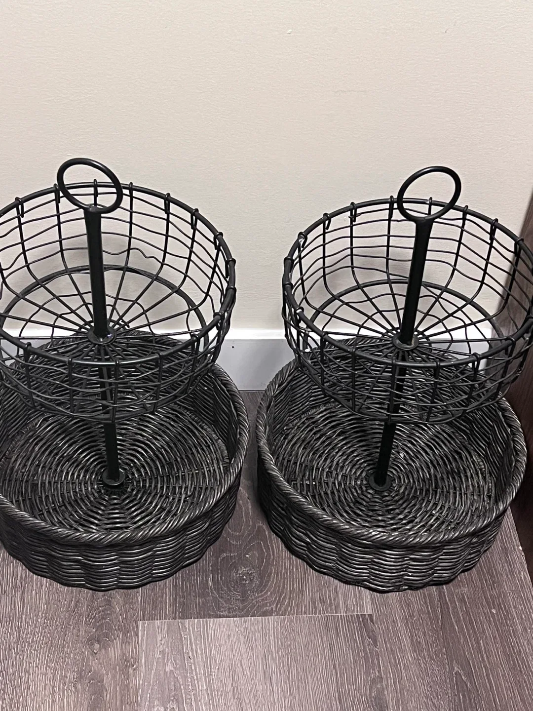 Two-Tiered Black Metal & Wicker Baskets