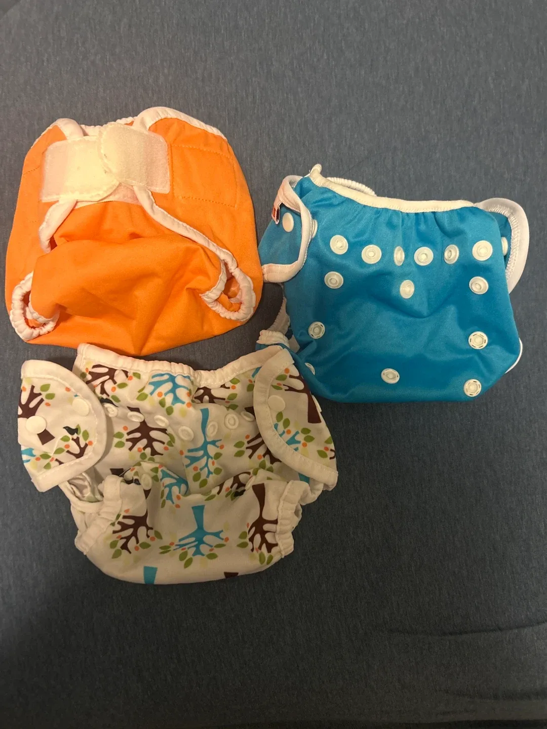 Cloth Diapers - Orange, Blue, Tree Print
