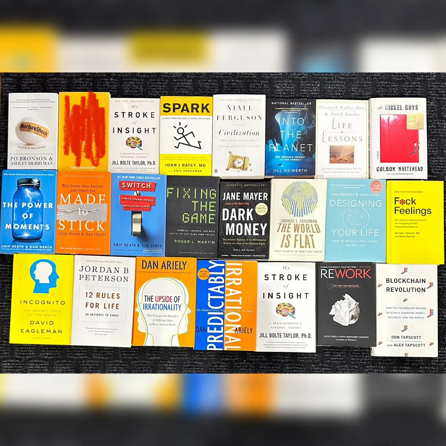 Books: 12 rules of life, Power of Moment, Rework, Dark money,…