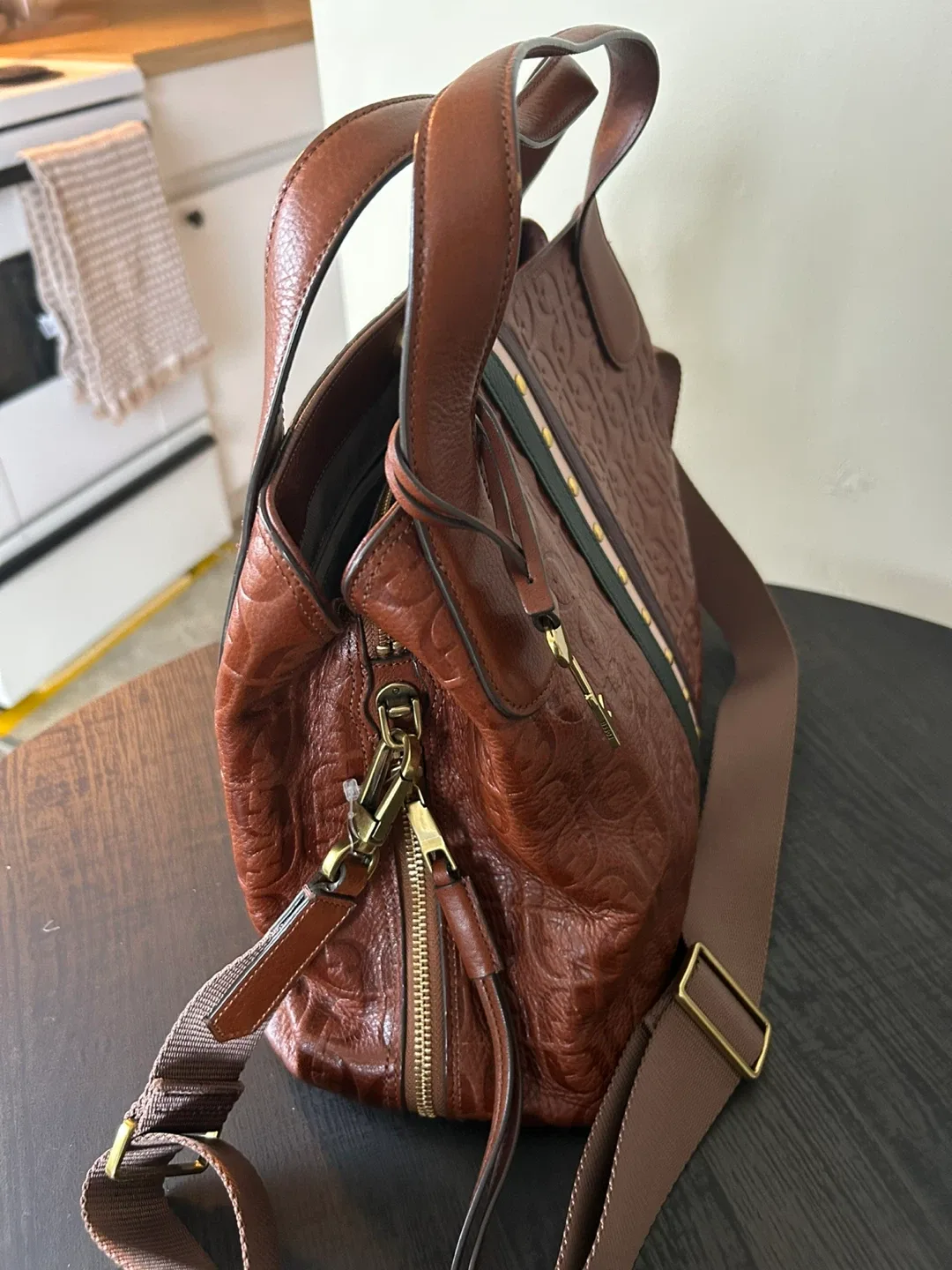 Fossil Brown Leather Embossed Satchel image indicator(2)