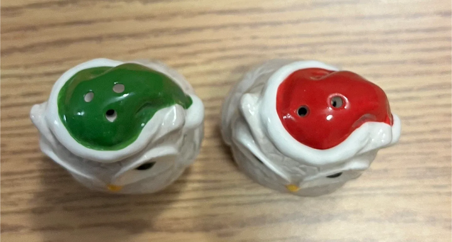 #Cleanout - Owl Salt & Pepper Shakers - Red & Green Hats image indicator(2)
