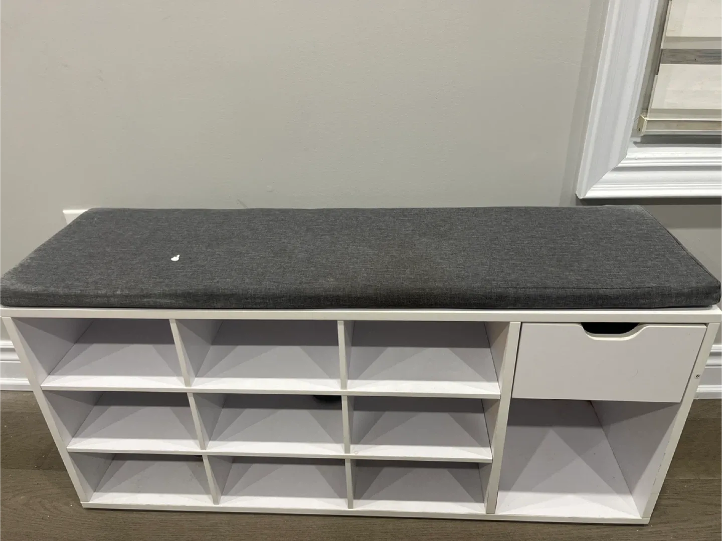 White Shoe Rack Bench with Grey Cushion