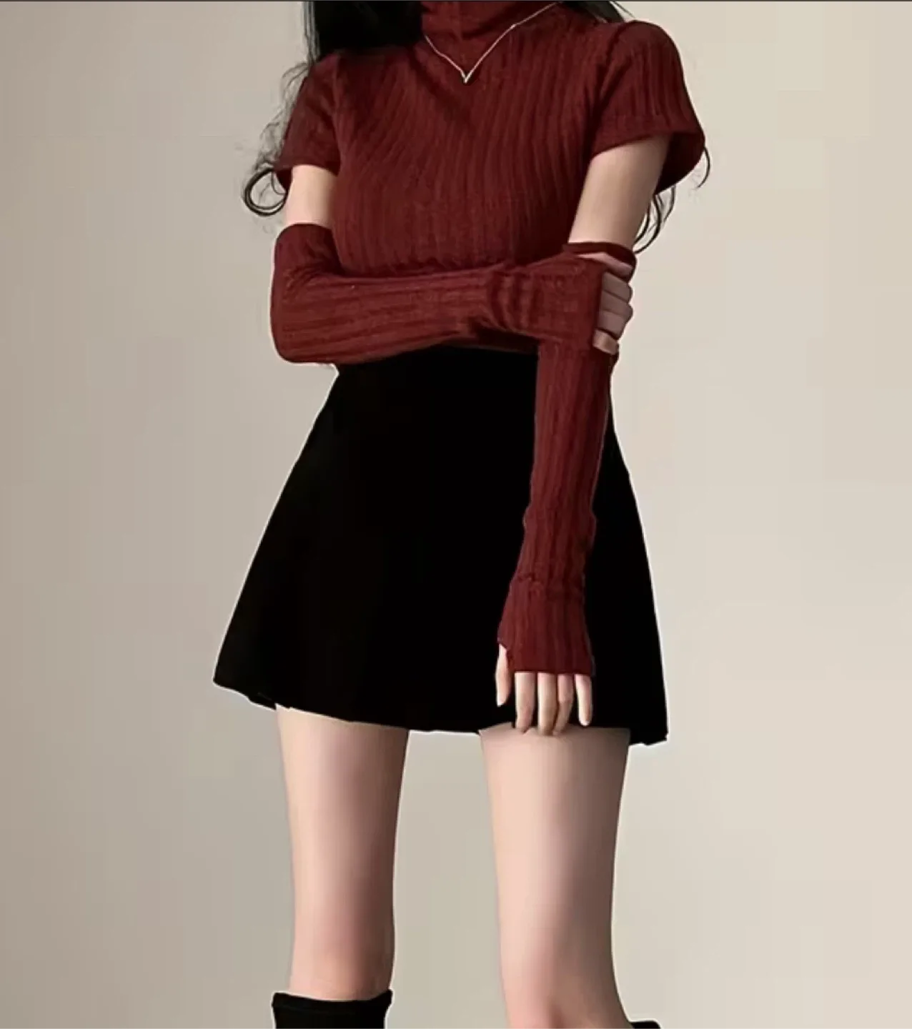 Red Knit Top with Arm Warmers