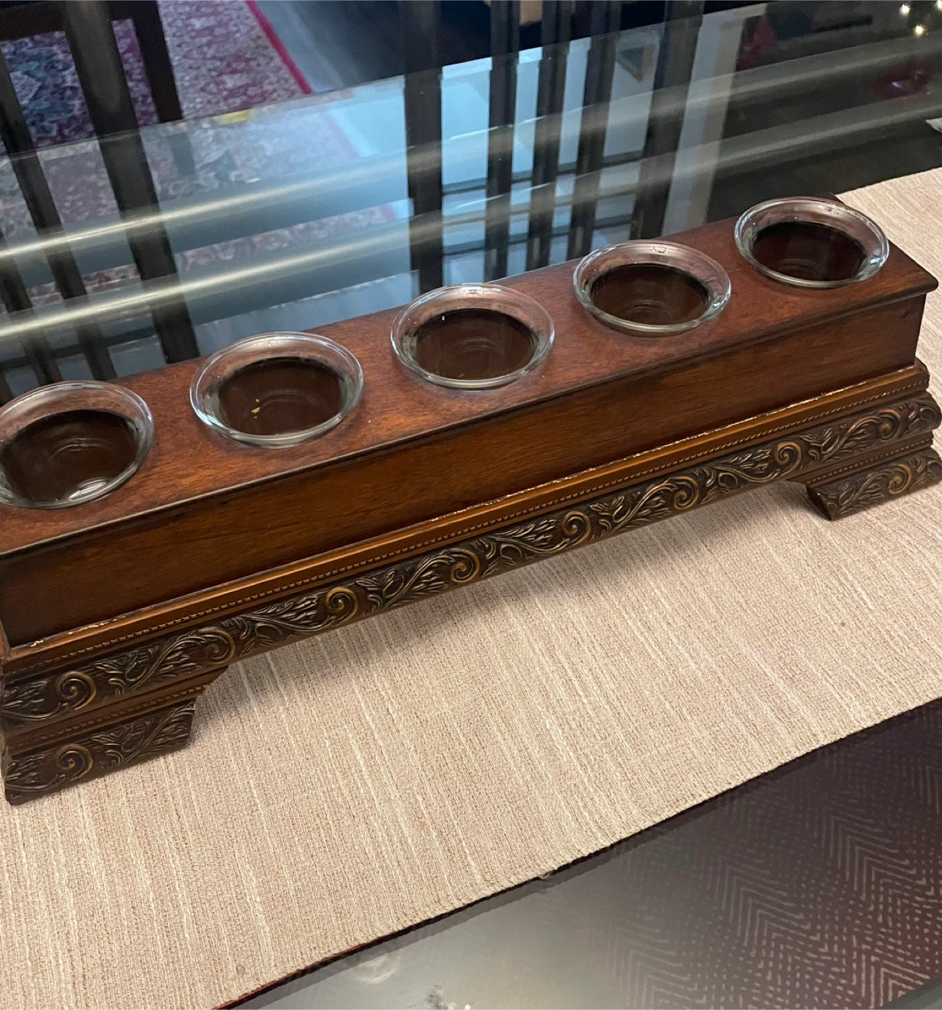Wooden Candle Holder with 5 Glass Inserts